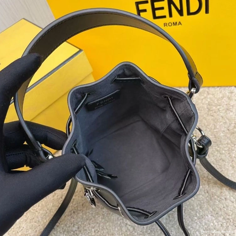 Affordable HOT Bag Tresor Fendi FF Black Leather In Motif Mini Bucket Mon Brown Calf 0820